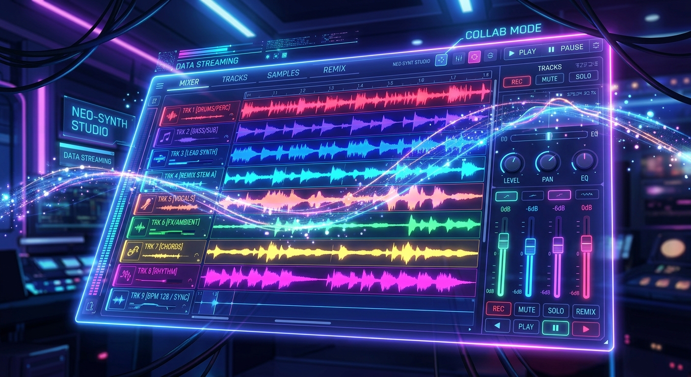 A futuristic digital music production interface featuring multiple colorful, glowing audio waveforms layered vertically to represent individual sound tracks. The scene is set in a high-tech, conceptual studio environment with a translucent holographic mixing console and luminous sliders. The aesthetic is vibrant and cybernetic, blending anime-inspired digital art with sharp, modern lighting in shades of electric blue, violet, and hot pink. Ethereal light particles and data streams flow between the sound waves, symbolizing the creative process of electronic music remixing and digital collaboration.
